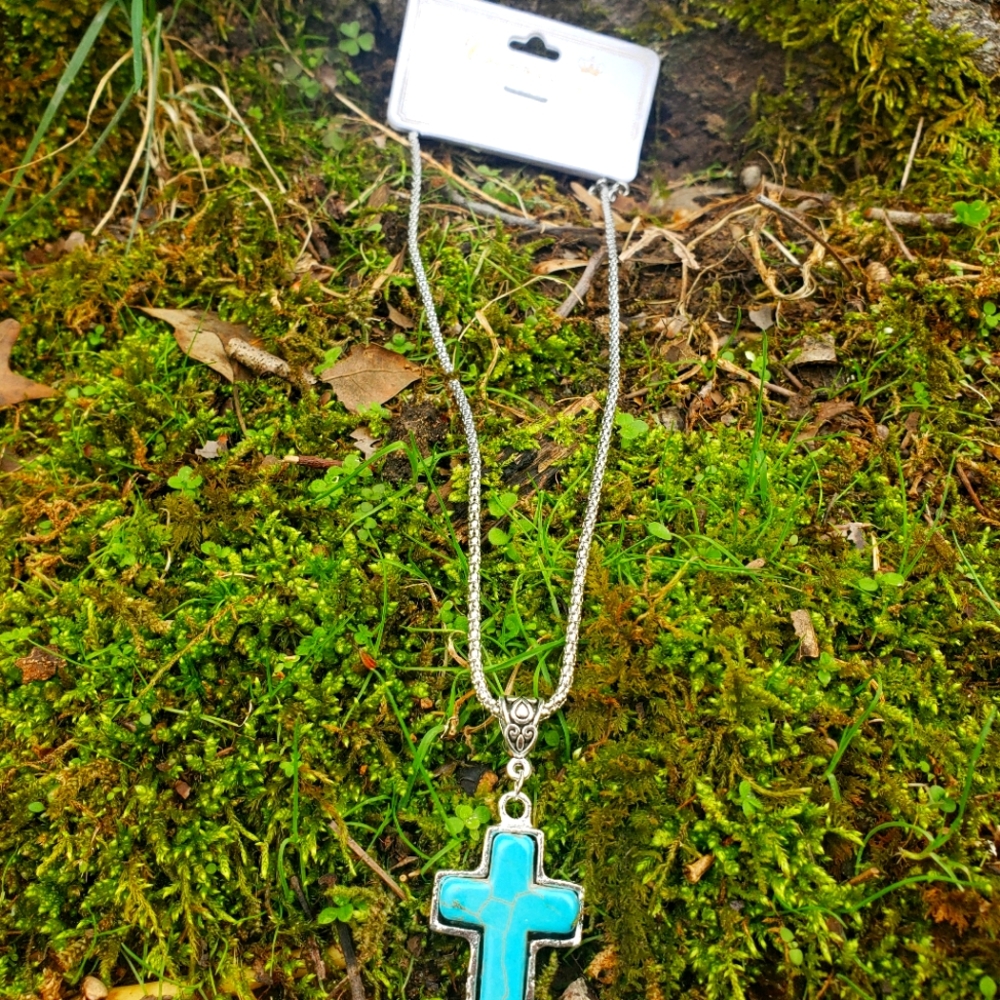 Turquoise and Silver Cross Necklace
